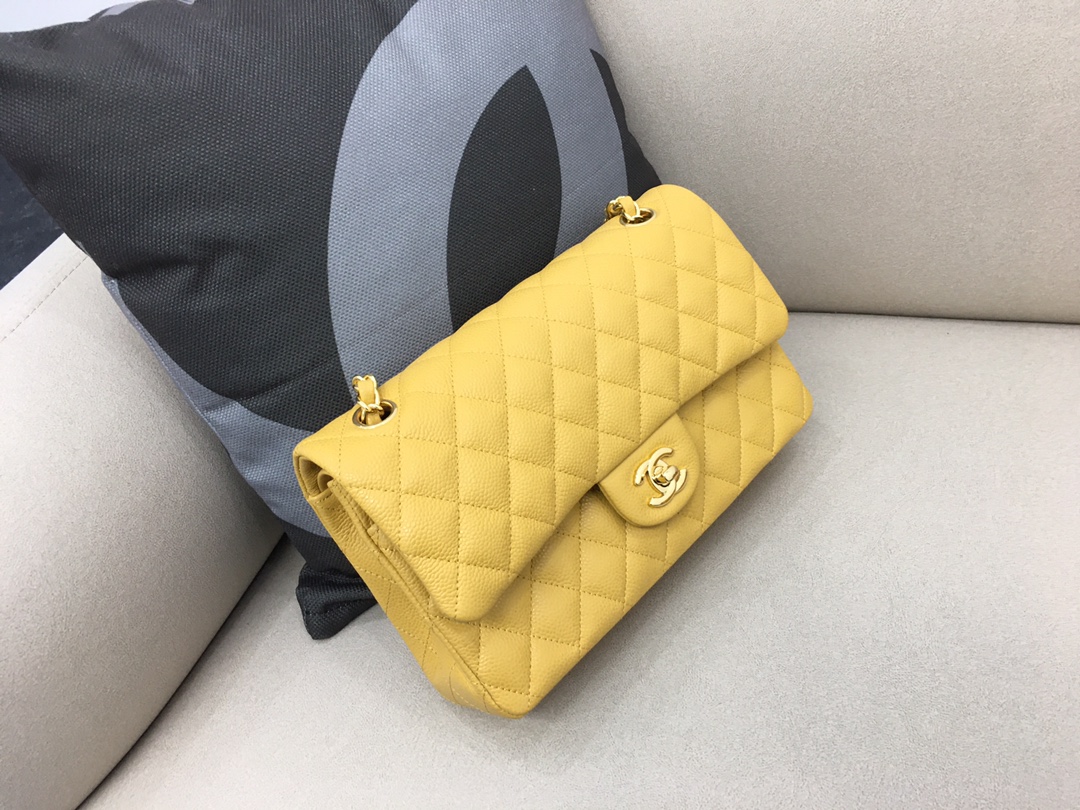 Medium Classic Flap Caviar Bag A01112 Yellow/Gold